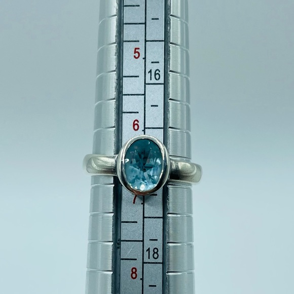 Vintage Bezel Set Sterling Silver 925 Oval Blue Topaz Ring - Picture 5 of 12